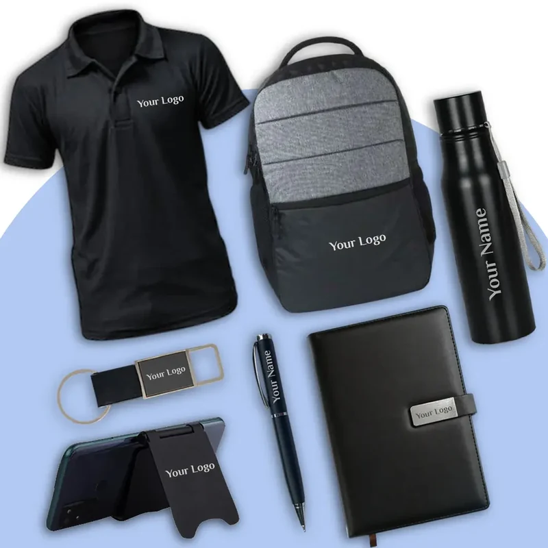 Corporate employee welcome kit with a polo shirt, backpack, bottle, notebook, pen and desk accessories