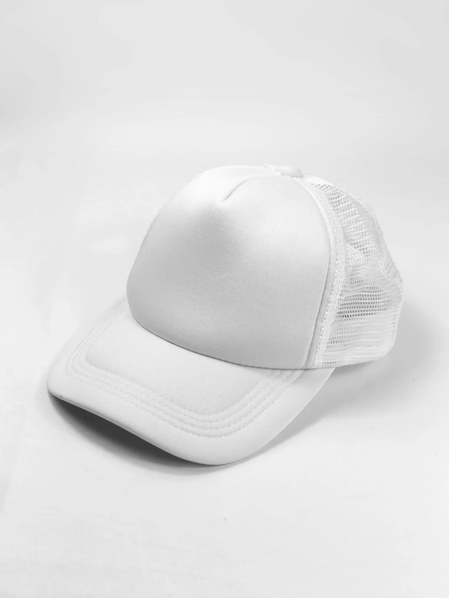 Illustrative unbranded white baseball cap on a light studio background